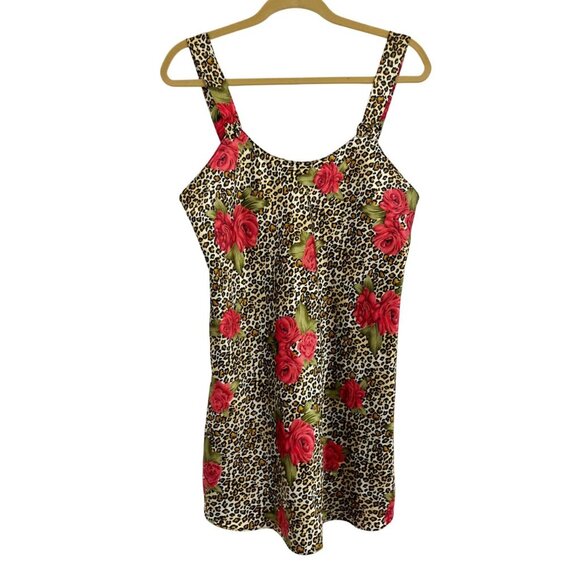 Vintage Dresses & Skirts - Vintage Leopard Floral Satin Mini Slip Dress Bow Scoop Neck Y2K‎ 90s Size Small